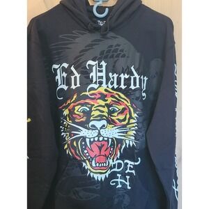 Ed‎ Hardy Tiger Graphic Hoodie Black Pullover Long Sleeve